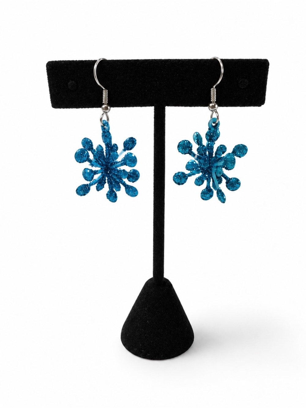 Blue Glitter Snowflake Dangle Drop Earrings Sparkle Winter Holiday